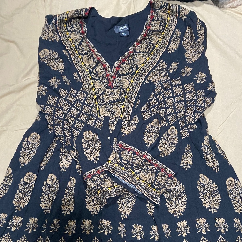 Anthropologie Maeve Black Dresswith Gold Embroidery